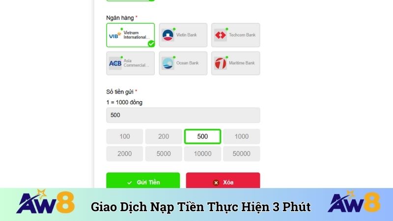 Giao dịch nạp tiền thực hiện trong 3 phút